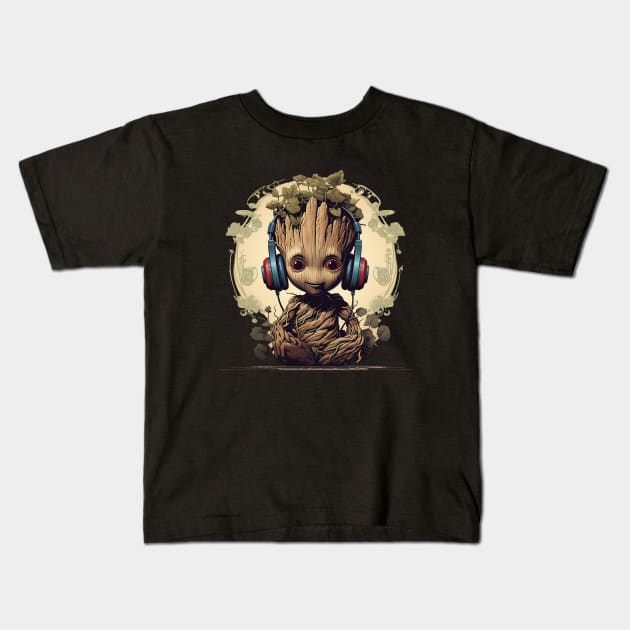 Baby Groot with Headphones Kids T-Shirt by DavidLoblaw